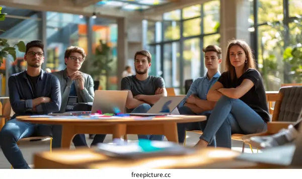 A group of young people are sitting around a table having a meeting