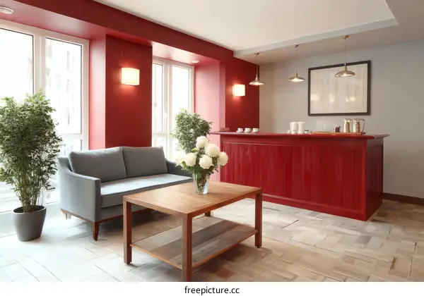 Modern Red and Gray Living Area with Seating and Bar