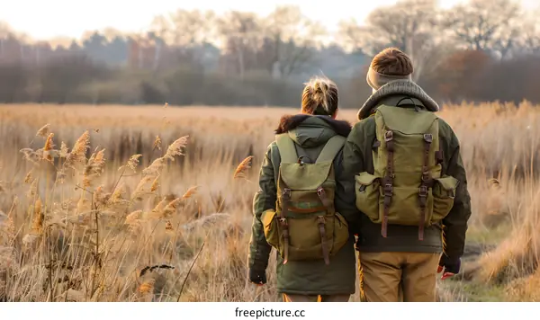Couple Hiking Through Tall Grass With Backpacks