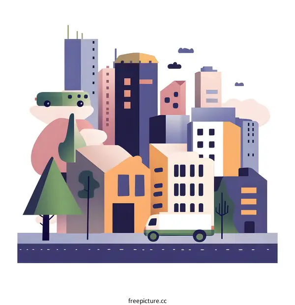 Colorful Cityscape with Buildings and Vehicles Illustration