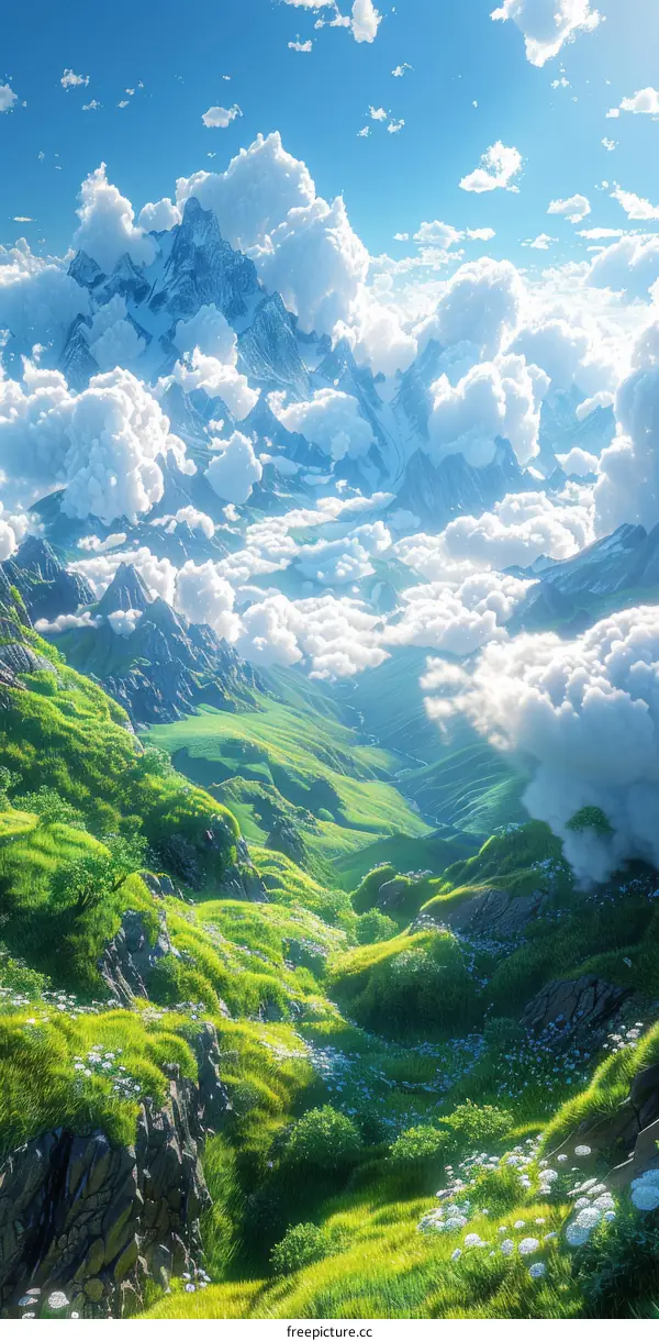 Stunning Mountain Valley Landscape with Fluffy Clouds