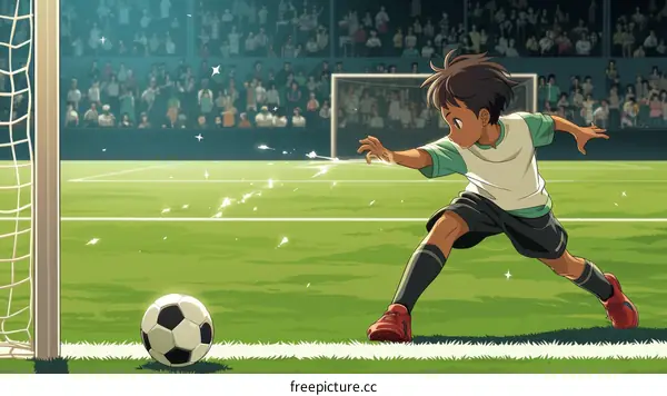 An illustration of a young boy playing soccer