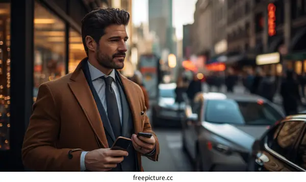 A man in a suit is looking at his phone while walking down a busy street