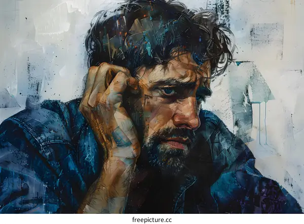 Portrait of a man with dark hair and beard wearing a blue shirt