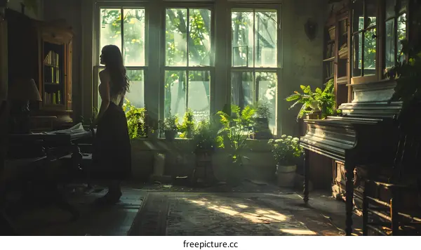 girl standing in a room with many windows and plants