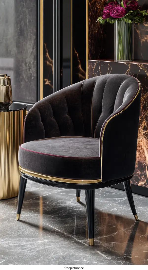 Elegant Dark Gray Velvet Armchair with Gold Accents