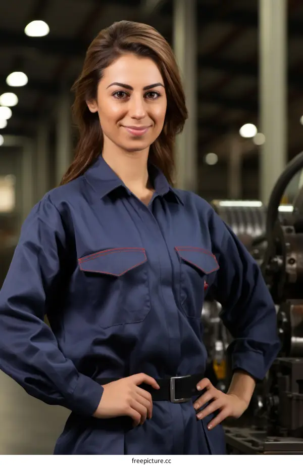 Portrait of a young female factory worker in a blue uniform smiling at the camera