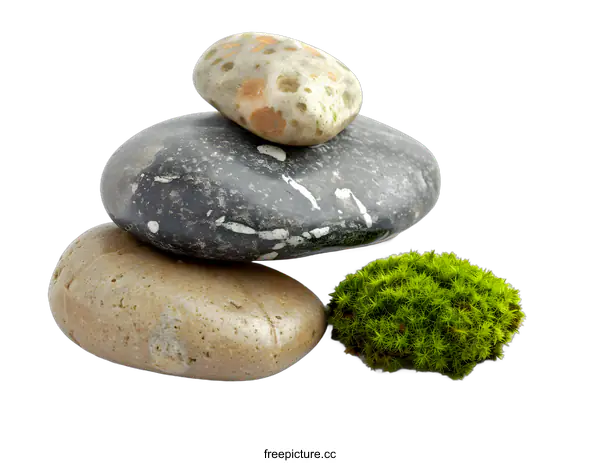 [Transparent Background PNG]Stacked Stones and Green Moss on White Background