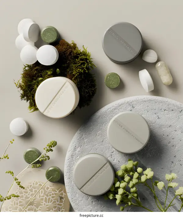 Natural Supplement Pills in Round Containers with Green Moss and Flowers