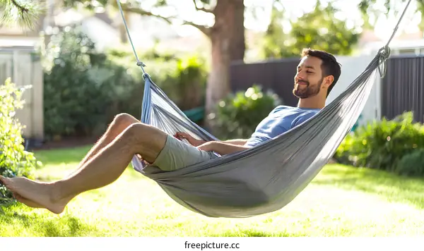 Man Relaxing in Hammock in Backyard