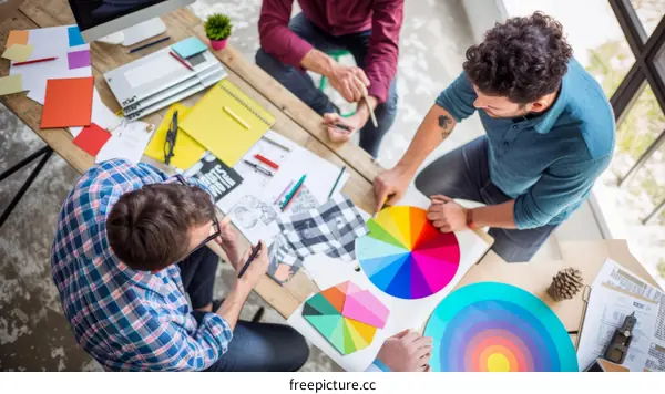 Three multiethnic business people discussing color swatches in an office