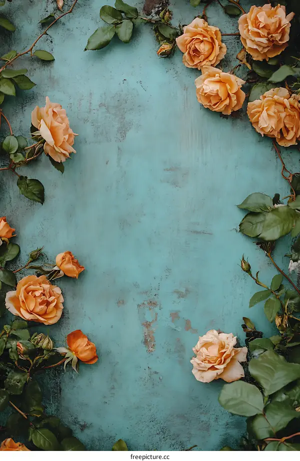 Peach Roses On Teal Background