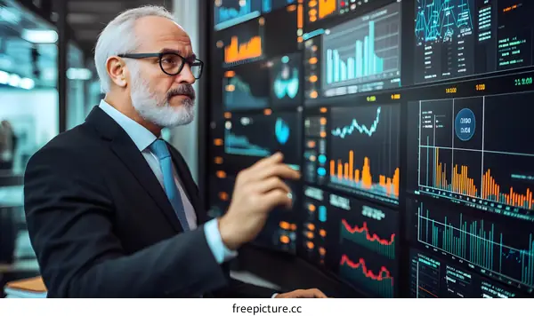 Businessman Analyzing Data on Multiple Screens in Office