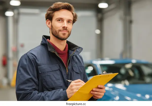Male Caucasian Mechanic Taking Notes on Clipboard