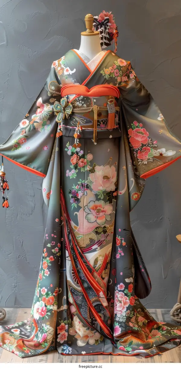 A kimono with a floral pattern and a pink obi