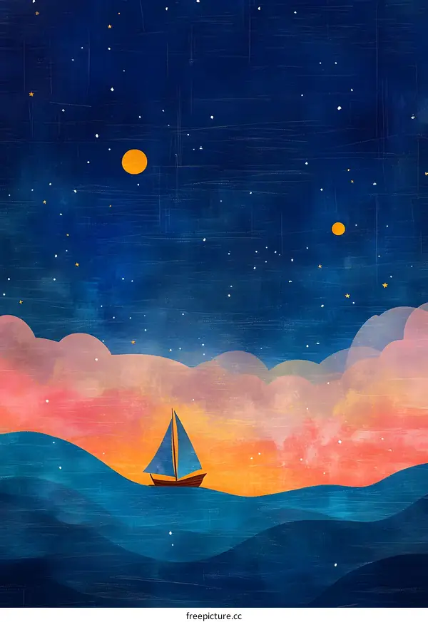 Night Sky with Stars and Sailboat on the Sea