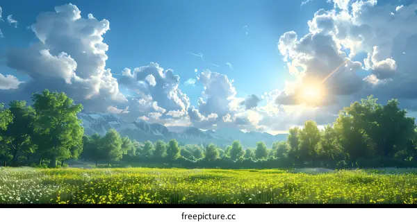 A field of flowers in full bloom at the foot of a mountain