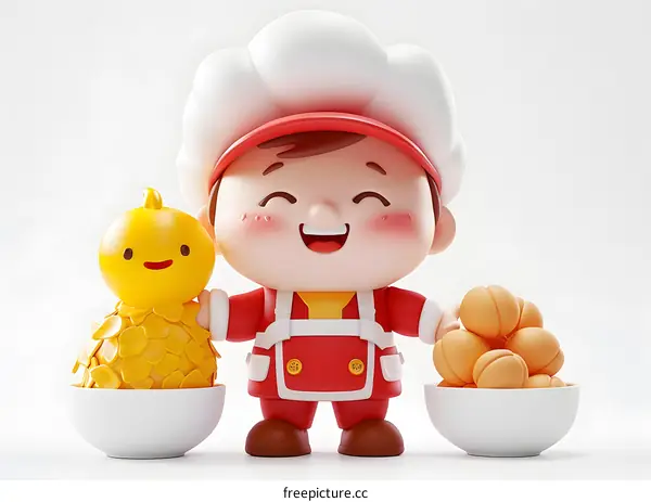 A cartoon chef holding a bowl of golden ingots and a bowl of peaches