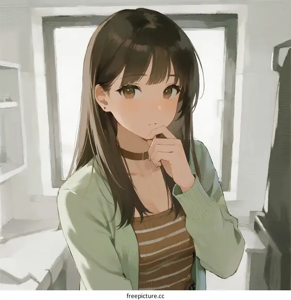 A young woman with long hair thinking in a room