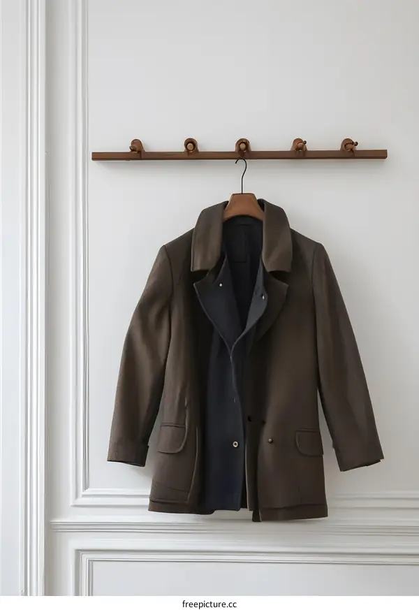 Brown Coat Hanging On Wooden Coat Rack On White Wall