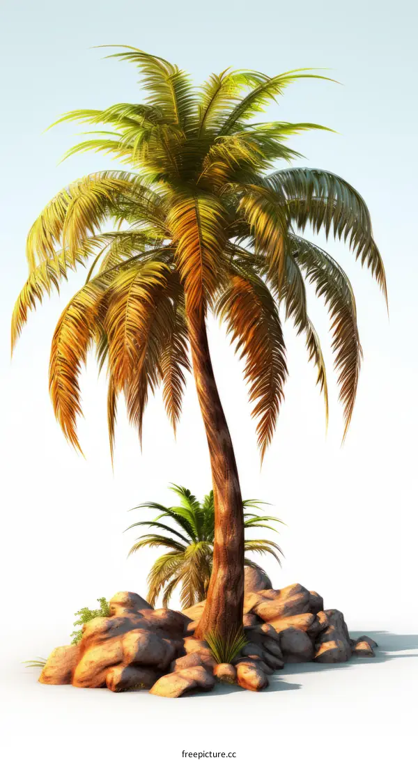 A tall palm tree with green and yellow leaves next to a small palm tree on a rocky patch of land