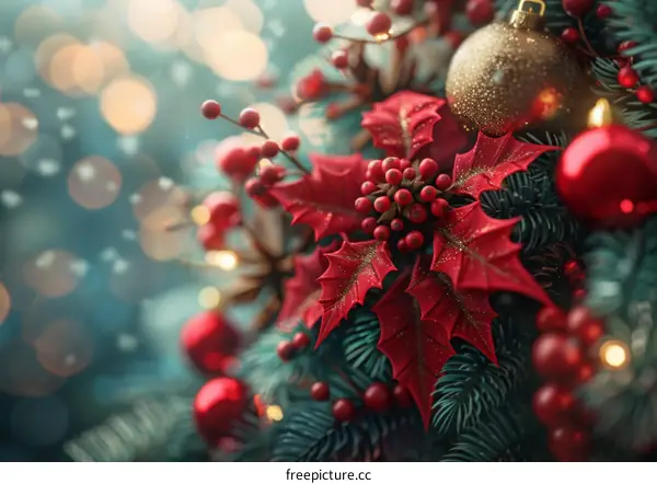 Christmas Decoration Festive Background with Red and Gold Ornaments