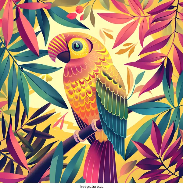 Colorful Parrot Illustration with Tropical Leaves