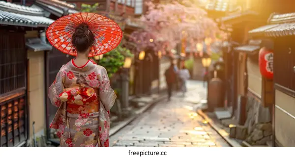 A woman wearing a kimono is walking down a street in Japan