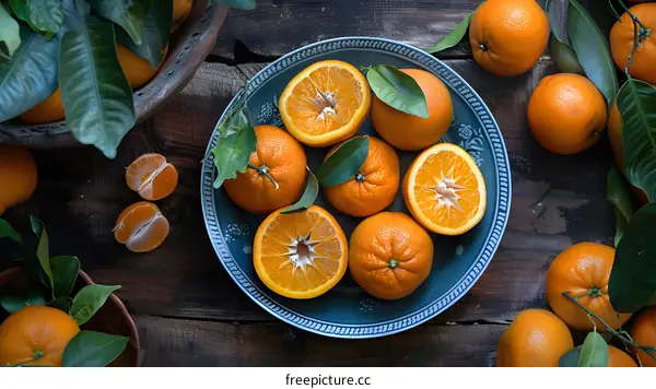 Fresh Orange Fruit with Green Leaves on a Blue Plate