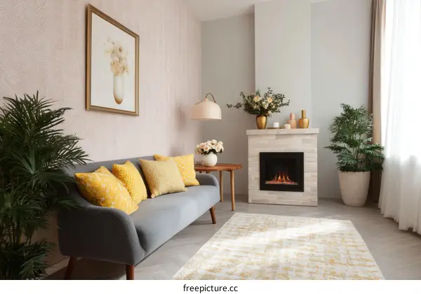 Cozy Living Room with Fireplace and Yellow Accents