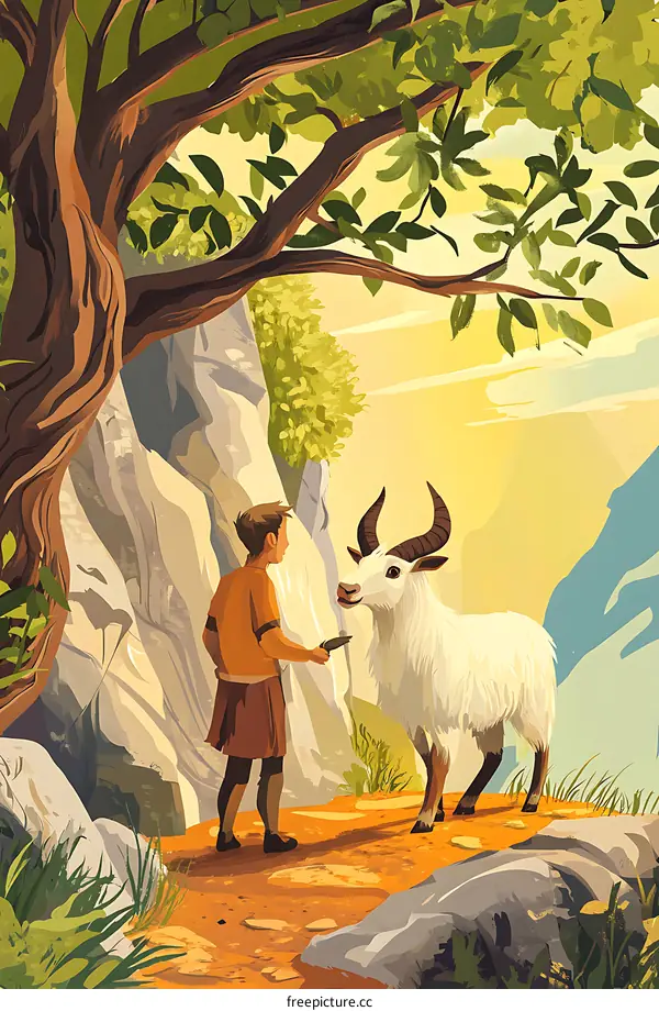 Boy Feeding a White Goat in a Mountain Setting