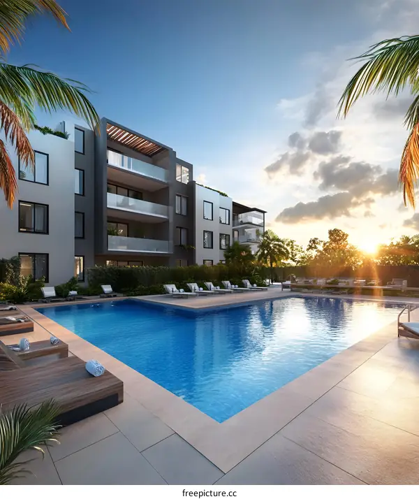 Modern Apartment Building with Swimming Pool and Palm Trees
