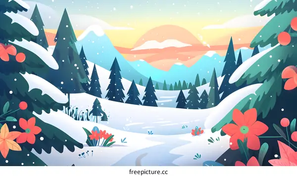 Winter Landscape with Sunset and Snowy Mountains