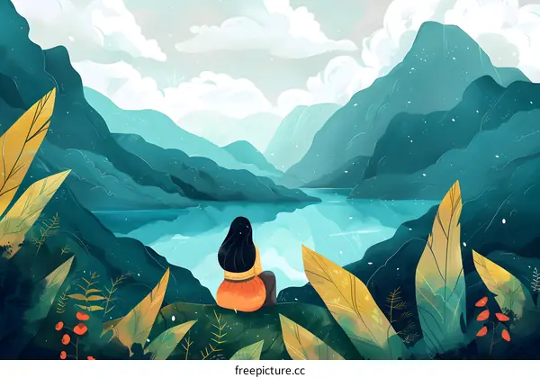 Woman Sitting On Mountain Cliff Watching Lake
