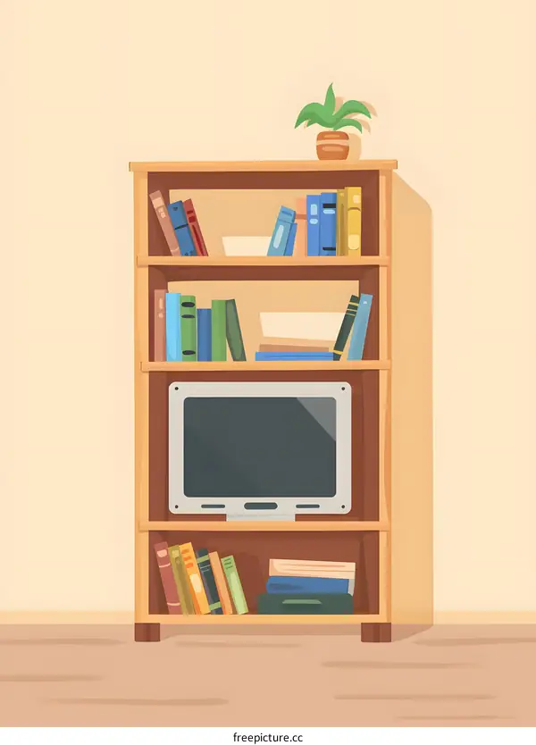 Cartoon Illustration of a Wooden Bookcase with Books and TV