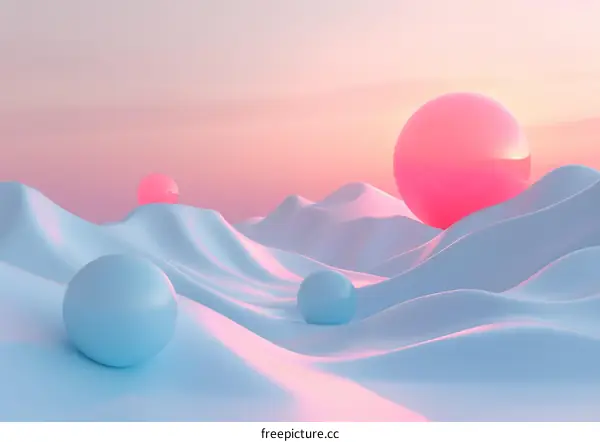Pink and blue pastel landscape with rolling hills and large spheres