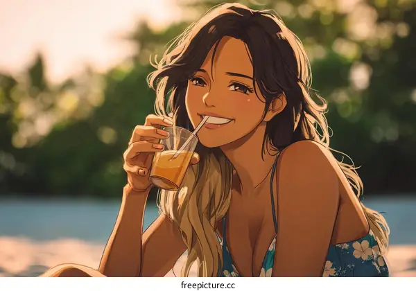 Smiling Woman Enjoying a Fruit Juice Drink