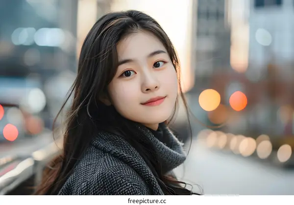 Young Asian Woman with Long Black Hair Posing for a Portrait in the City