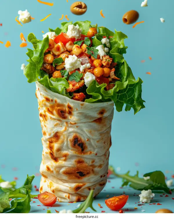 A delicious and healthy Mediterranean wrap with fresh vegetables and grilled chicken