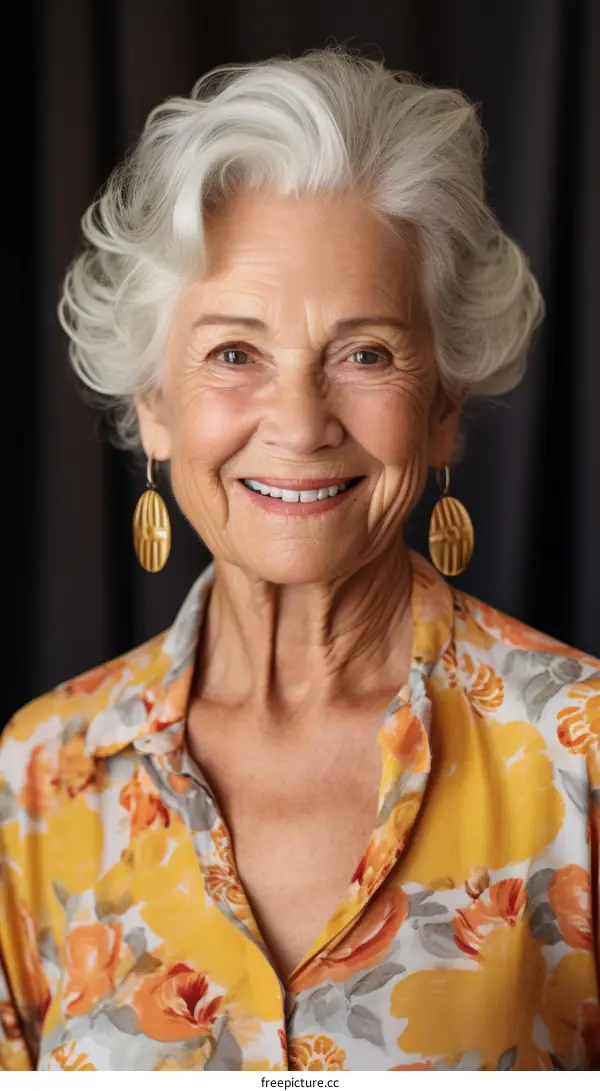 Portrait of an elderly woman with white hair and a floral shirt