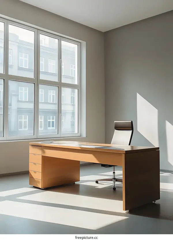 Modern Office Interior Design with Wooden Desk and Chair in Front of Large Window