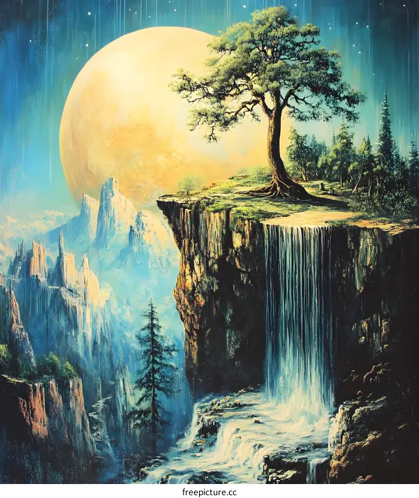 Fantasy Landscape with Waterfall and Moon