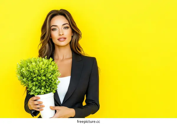 Stylish Woman Holding a Plant Against a Bright Yellow Background