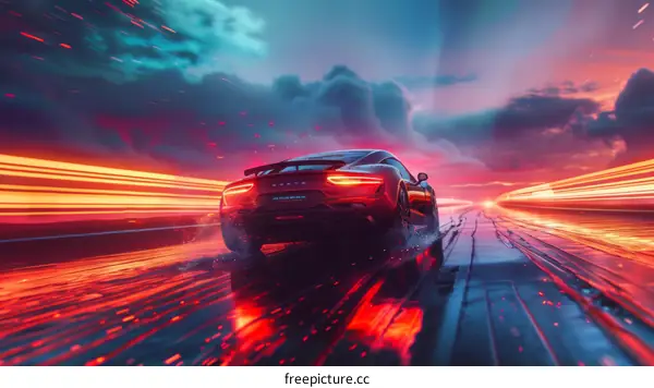A red sports car drives at high speed through a tunnel of light