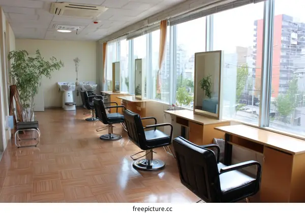 Modern Hair Salon Interior Design with Large Windows