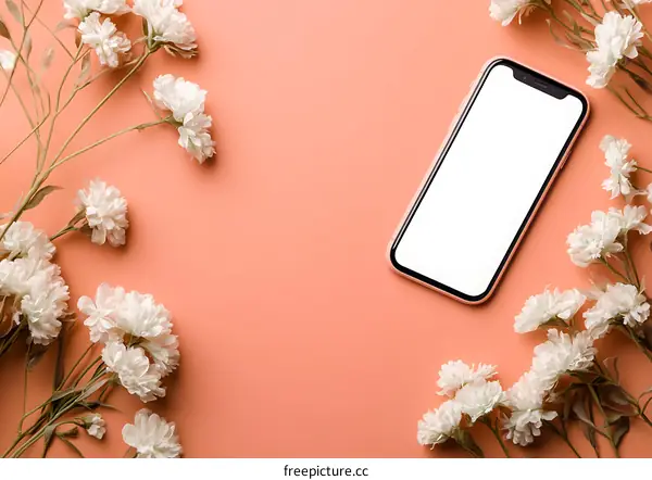 Flat Lay Phone Mockup with White Flowers