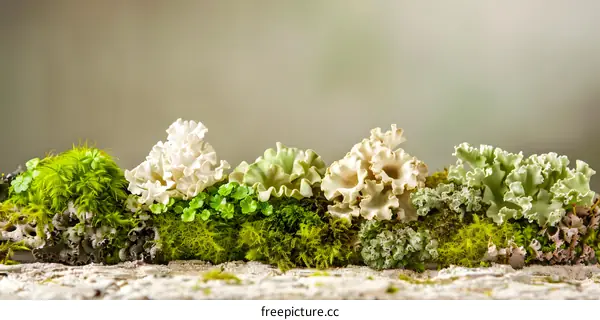 Closeup of Green and White Moss on a Wooden Surface