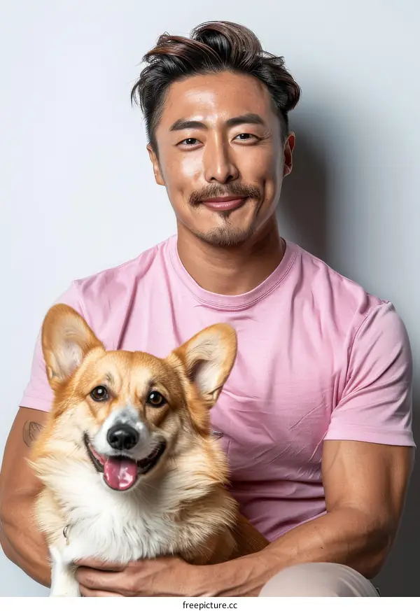 Asian man with mustache smiling next to a happy corgi dog