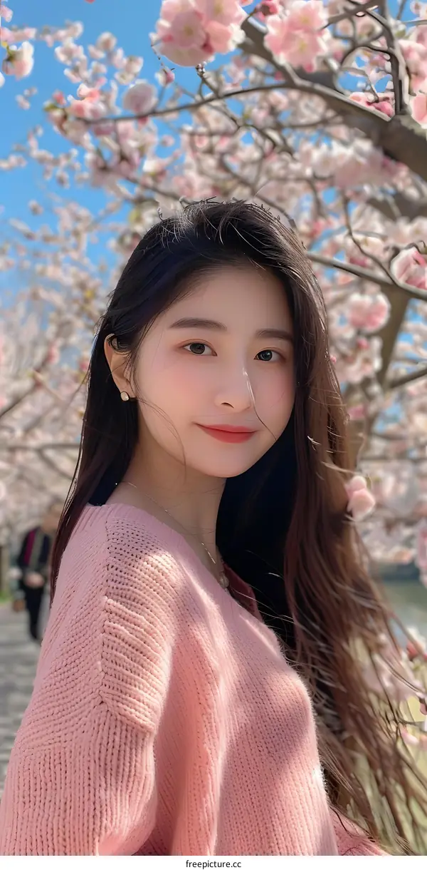 Young Woman in Pink Sweater with Cherry Blossom Flowers Background