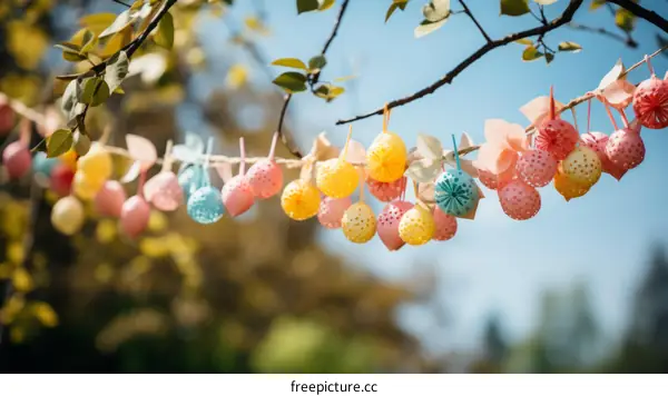 A Garland of Easter Eggs Hangs from a Tree Branch
